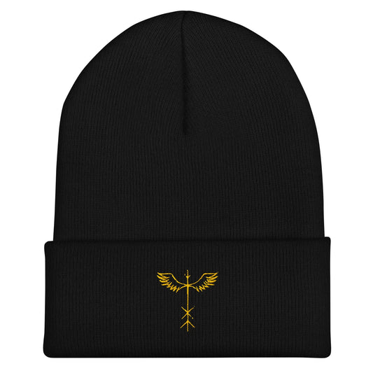 Runic Wing Beanie – Viking Rune Embroidered Hat | Nordic Symbol Cuffed Cap