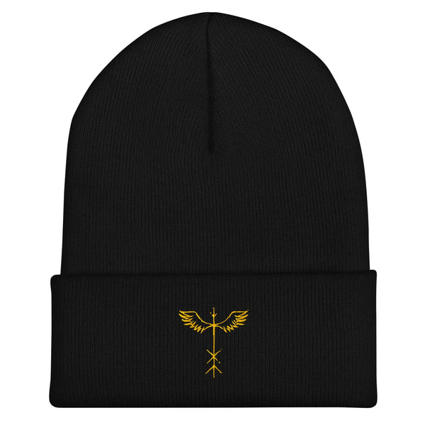 Runic Wing Beanie – Viking Rune Embroidered Hat | Nordic Symbol Cuffed Cap