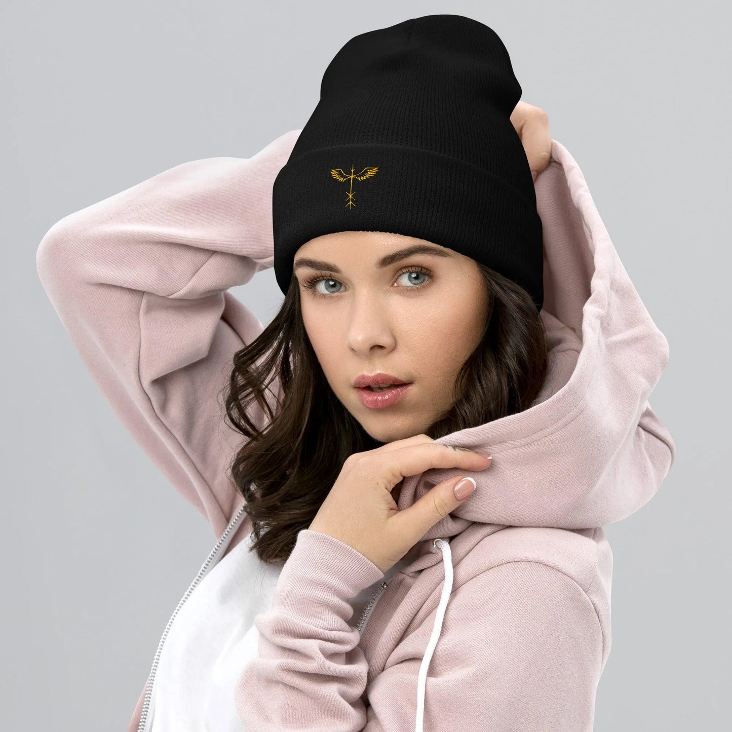 Runic Wing Beanie – Viking Rune Embroidered Hat | Nordic Symbol Cuffed Cap